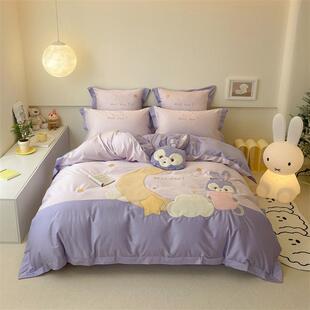 卡通少女心100s澳棉床品四件套月亮兔贴布绣全棉床单可爱三件套