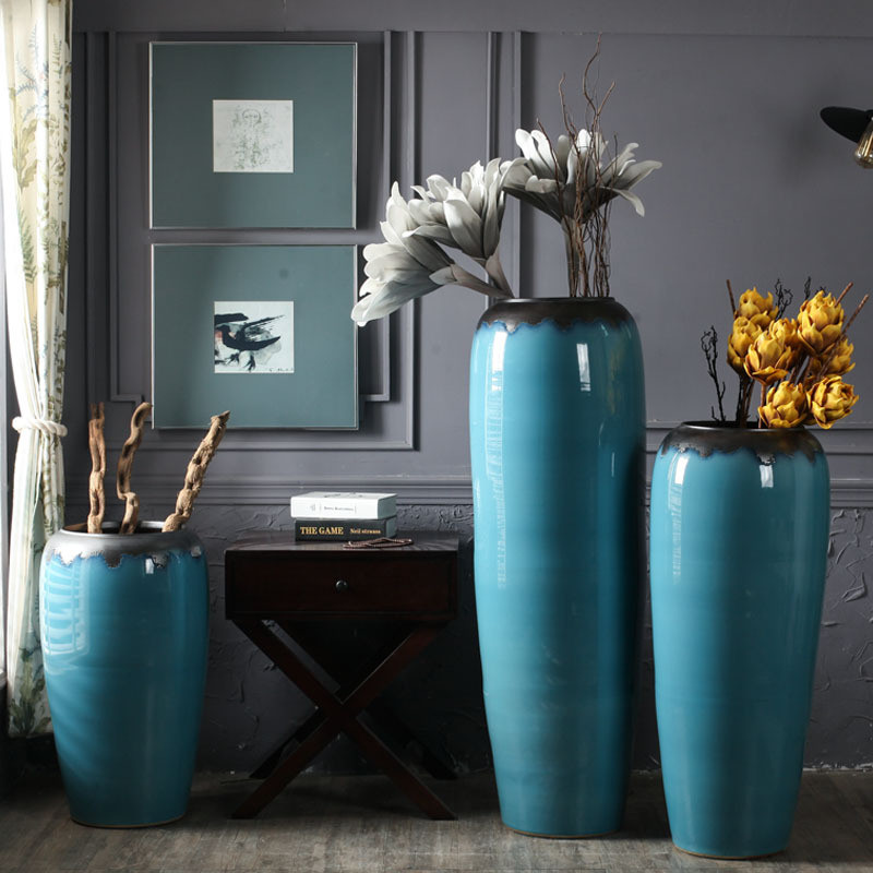 地中海时尚蓝色复古落地大花瓶干支陶罐酒店会所别墅摆件软装饰品
