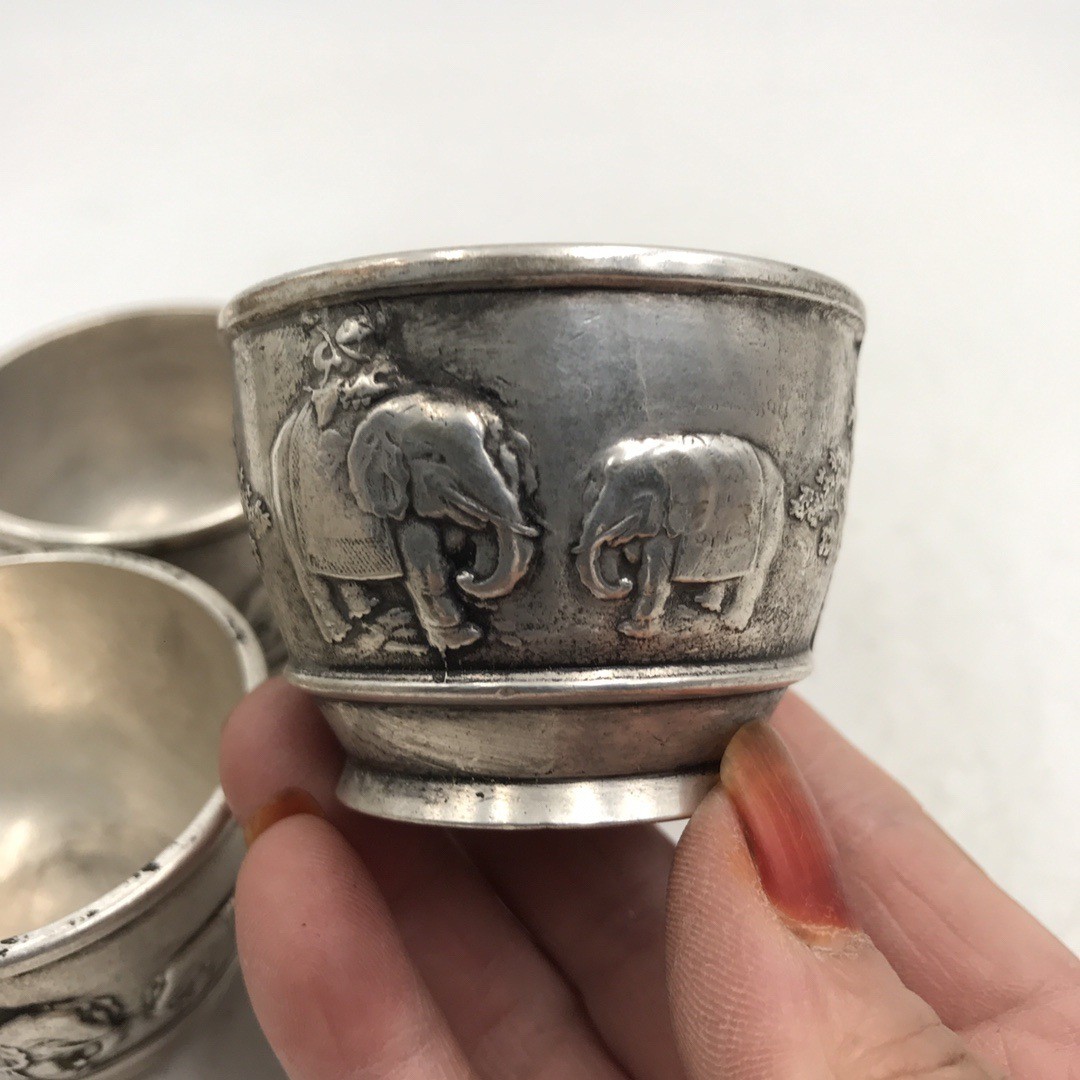 纯铜古玩杂项收藏白铜鎏银酒杯小孩骑大象酒杯铜酒杯工艺品摆件