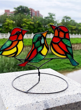 货源彩色玻璃百花摆件小鸟居家窗台桌面玻璃工艺品太阳扑手