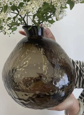 欧式大号冷纹咖色玻璃花瓶客厅餐桌插花花瓶摆件样板间装饰不规则