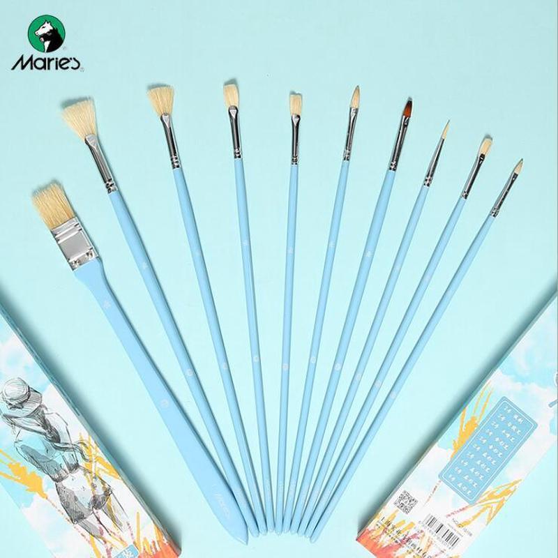 马利尼龙画笔套装蓝色扇形长杆猪鬃毛油画水粉水彩丙烯画笔刷套装