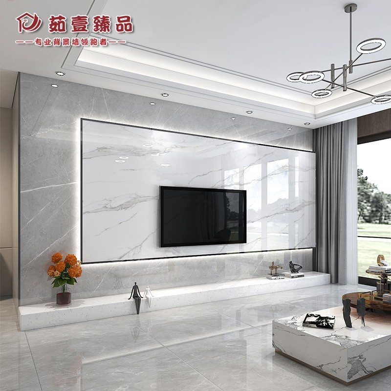 佛山岩板悬空电视背景墙网红石材瓷砖大理石现代简约客厅影视