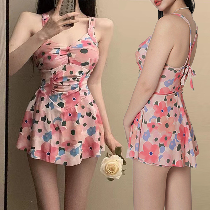 泳衣女款连体小清新碎花吊带裙式露背长袖小外套防晒保守显瘦泳衣