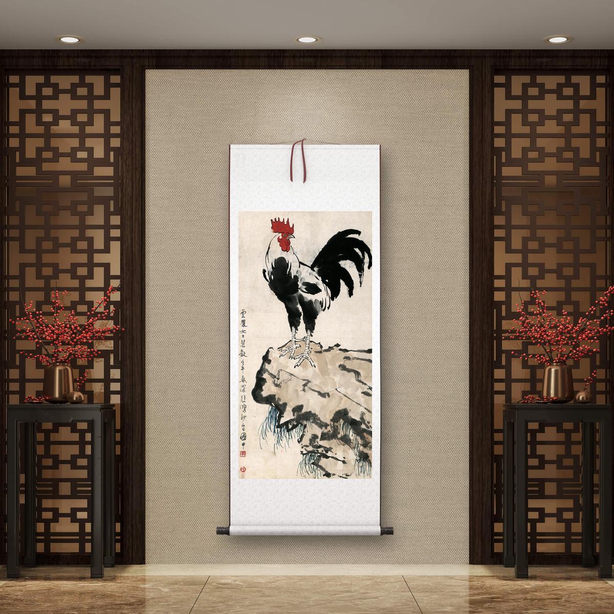 徐悲鸿《雄鸡图》中式客厅中堂挂画玄关茶室动物水墨装饰画高清图片