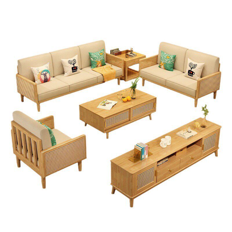 实木沙发藤编侘组合风客厅原木沙发北欧简约家用木加布贵妃沙发寂