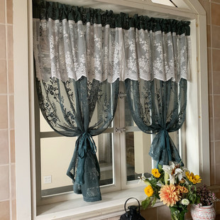 y4j8美式窗纱帘飘窗成品窗帘阳台田园复古墨绿韩式碎花免打孔色魔