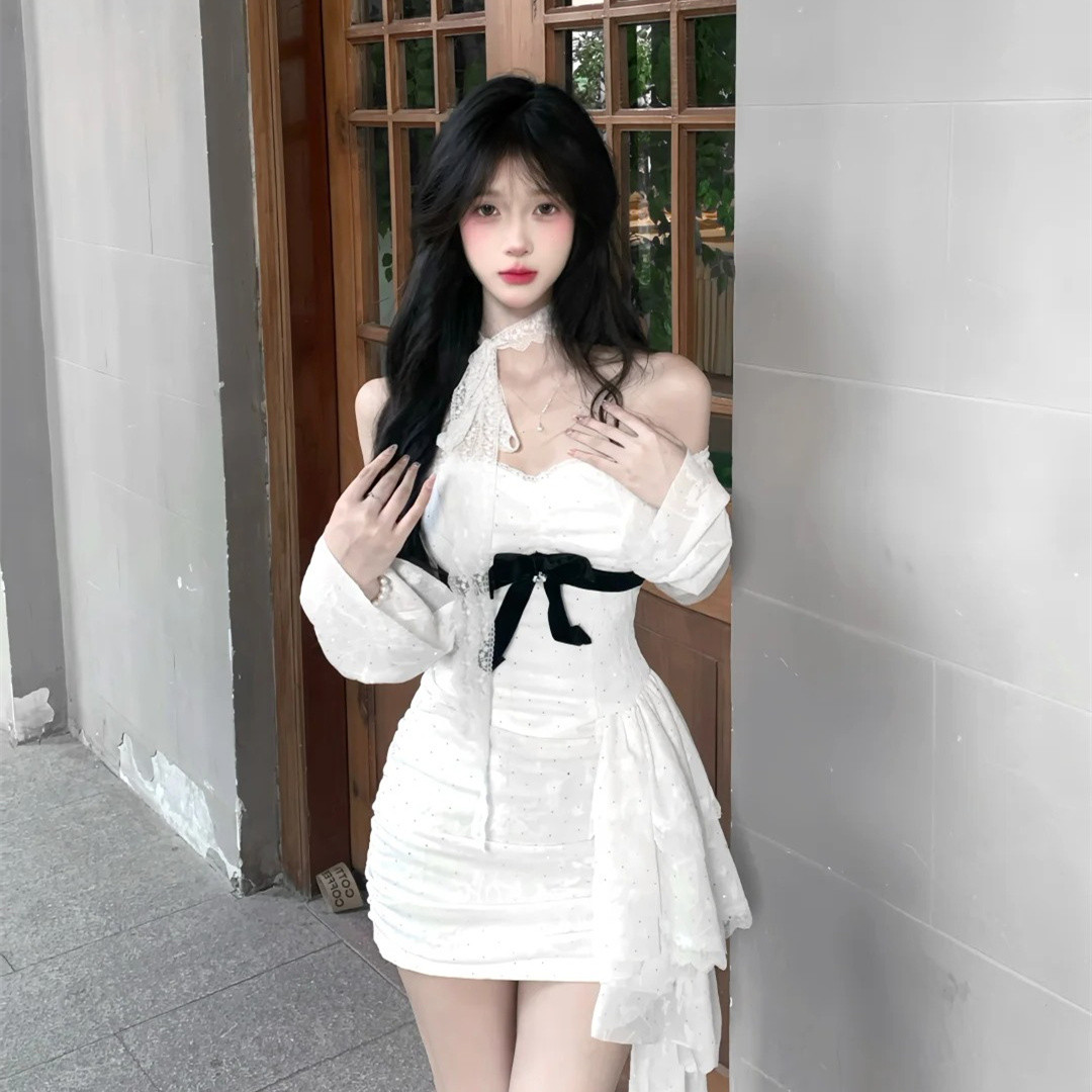 高货速发性感纯欲一字肩长袖连衣裙子女夏季辣妹修身包臀裙小个子