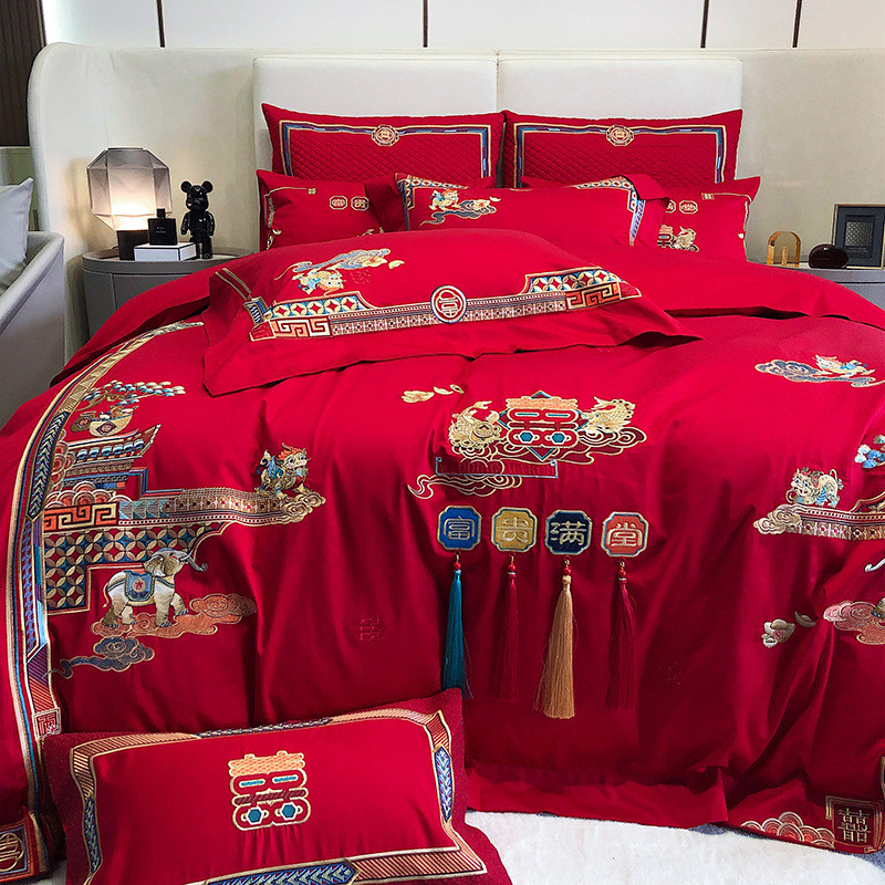 热销古道边高端140支匹马棉婚庆结婚四件套进口刺绣轻奢床上用品