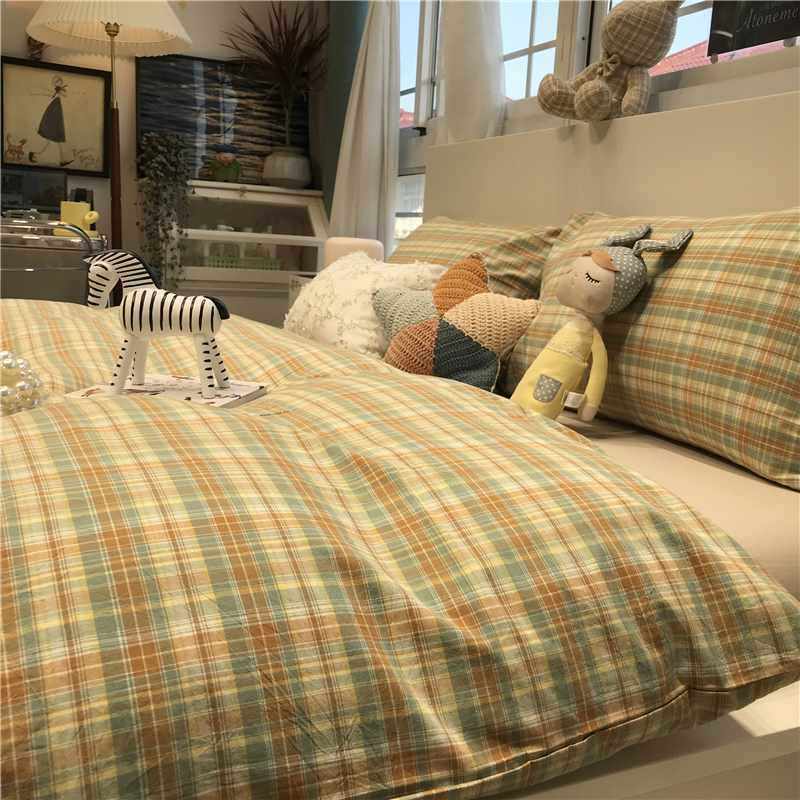 0fe9ins日式水洗棉格子复古床上四件套被套1.5m1.8米三件套