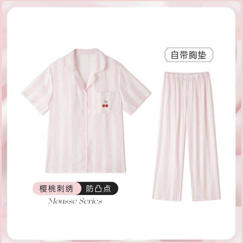 桑蚕丝真丝睡衣女款夏季女夏天带胸垫情侣女士短袖长裤家居服套装