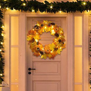 万圣节人造花环花环藤框丰收节日南瓜松果枫叶感恩节秋季节装饰品