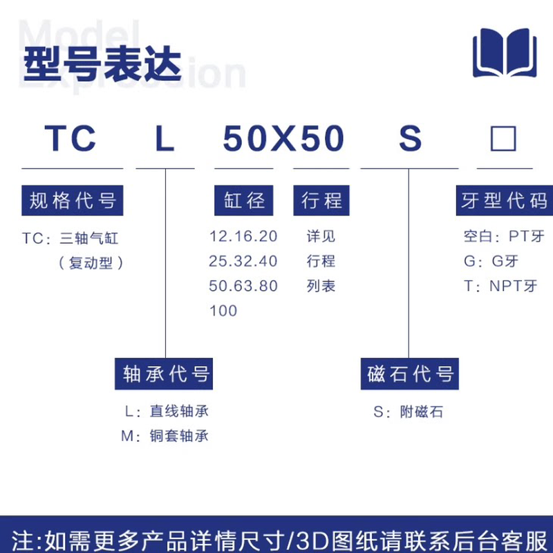亚德客TCL/TCM三轴气缸/16/20/25/32/40/50/63X25X50X100S