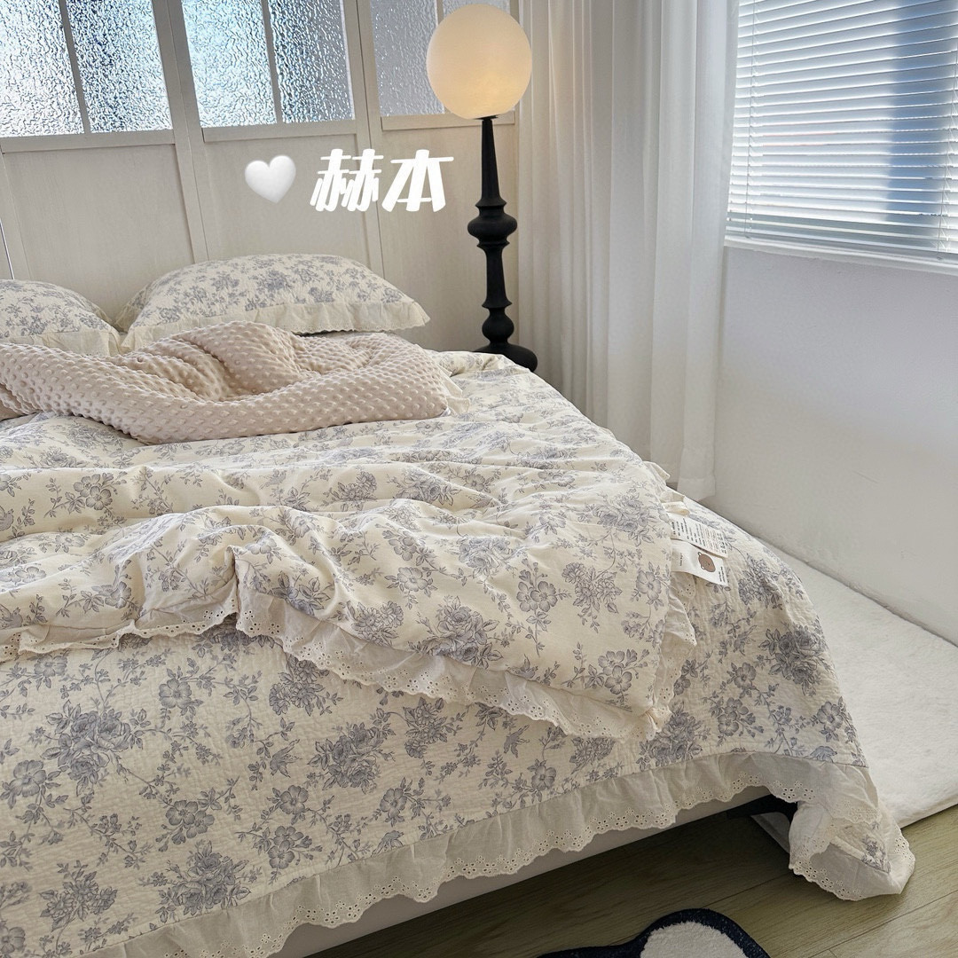 法式全棉床盖款豆豆被四件套全棉碎花裸睡亲肤双人床品套件