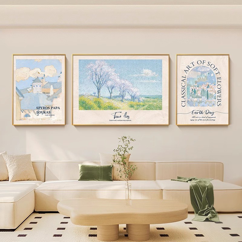 北欧田园风莫奈沙发背景墙挂画法式奶油风景三联画名画客厅装饰画