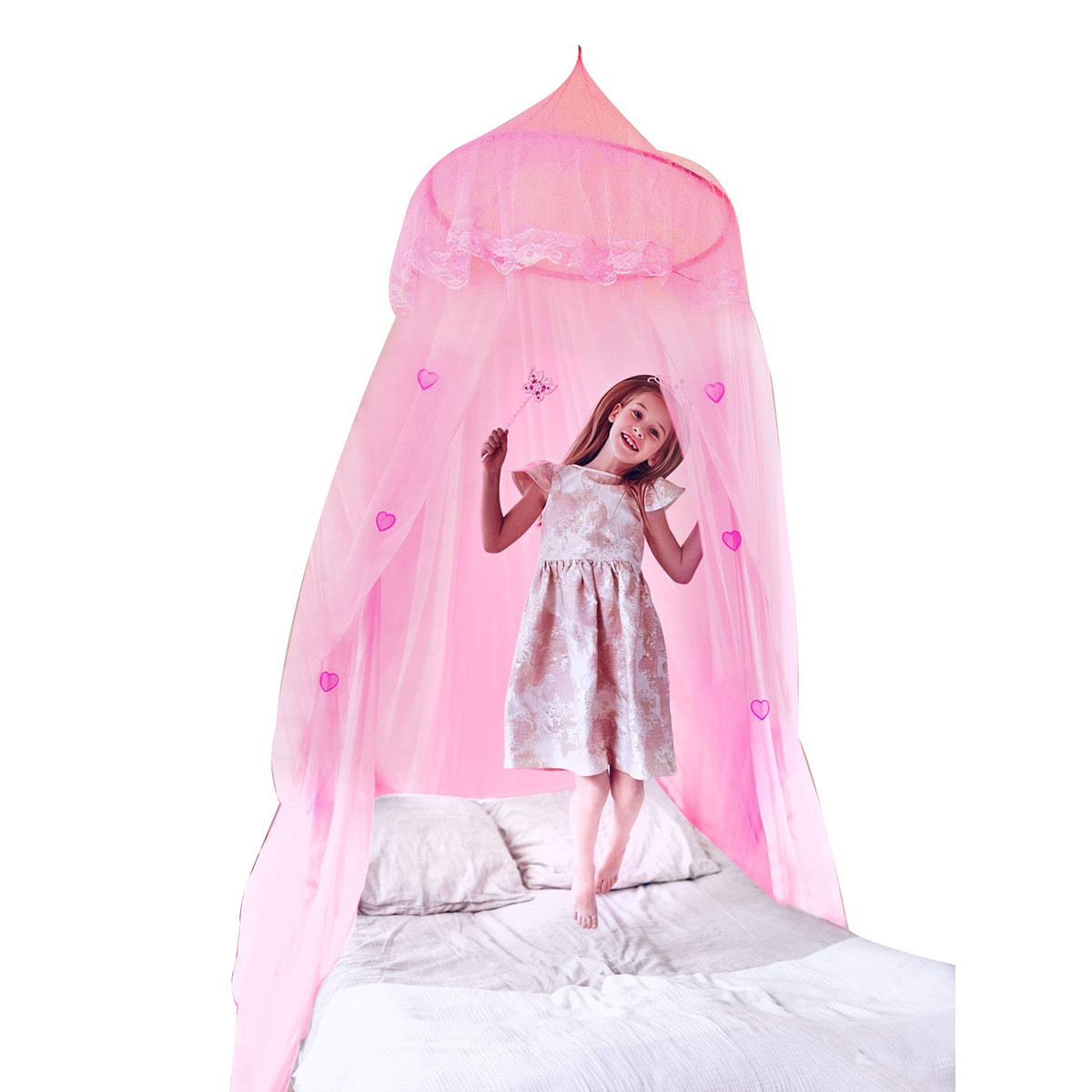 公主房装柱式床罩公主蚊帐大圆顶蚊帐床帘可折叠纹帐加厚新款加密