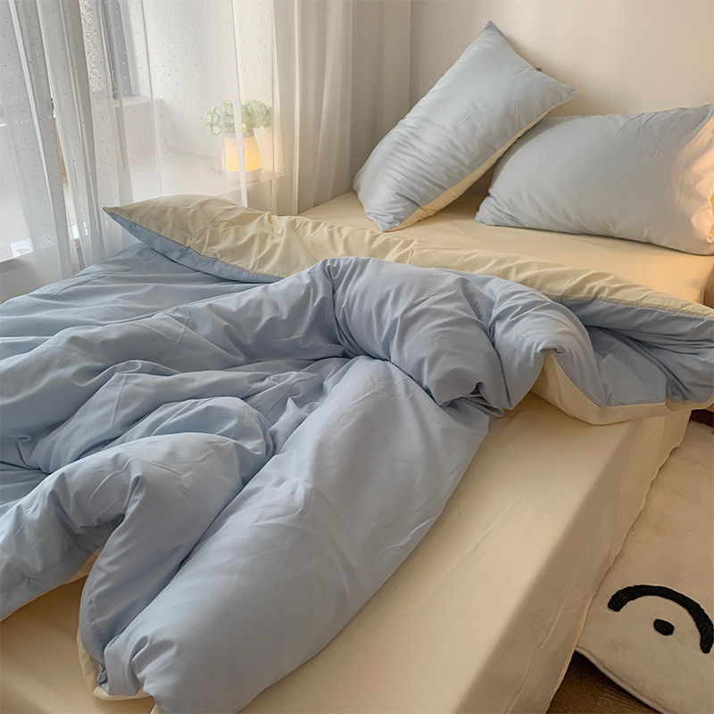 简约奶油风粉色水洗棉纯色被套四件套床笠床单学生宿舍床上三件套