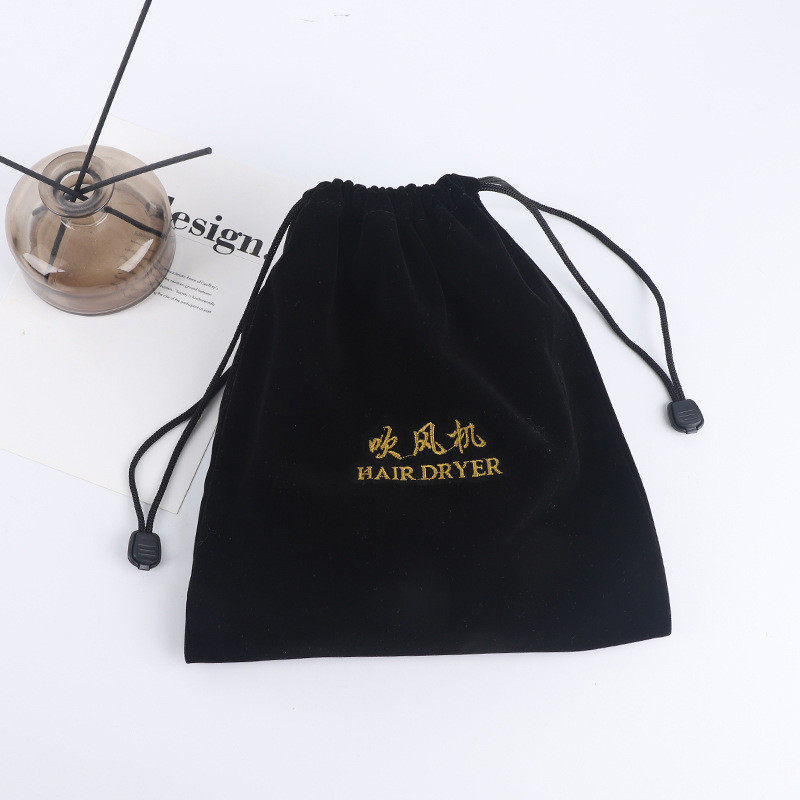 包装黑色绒布刺绣束口袋吹风机收纳袋批发拉绳袋拉绳绒布束口袋
