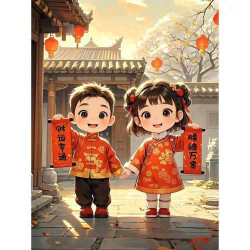 可爱卡通春节福娃春联贴画墙壁卧室门大门店铺新年对联装饰贴纸