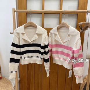 针织 新品 polo领条纹毛衣打底衫 女春秋装 设计感小众宽松慵懒风长袖