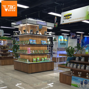 食品店包柱钢货架超市大型木质旋转式展示架商场双面木结合货柜