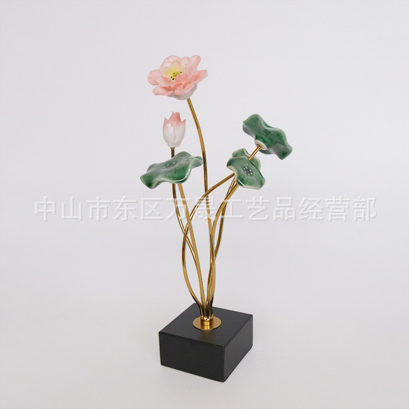荷叶荷花轻奢玄关摆件办公室书柜现代客厅电视柜酒柜家居软装摆设