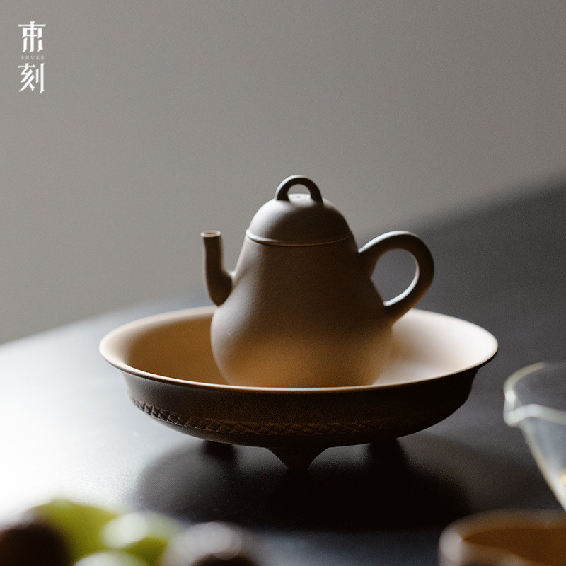 束刻紫砂褐砖釉全手工紫陌壶承干泡盘茶承高档茶台茶托托盘点心盘