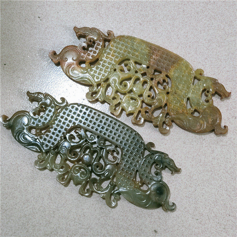 古玩玉仿古做旧岫杂项复古双龙凤镂空马丁纹玉璧摆件