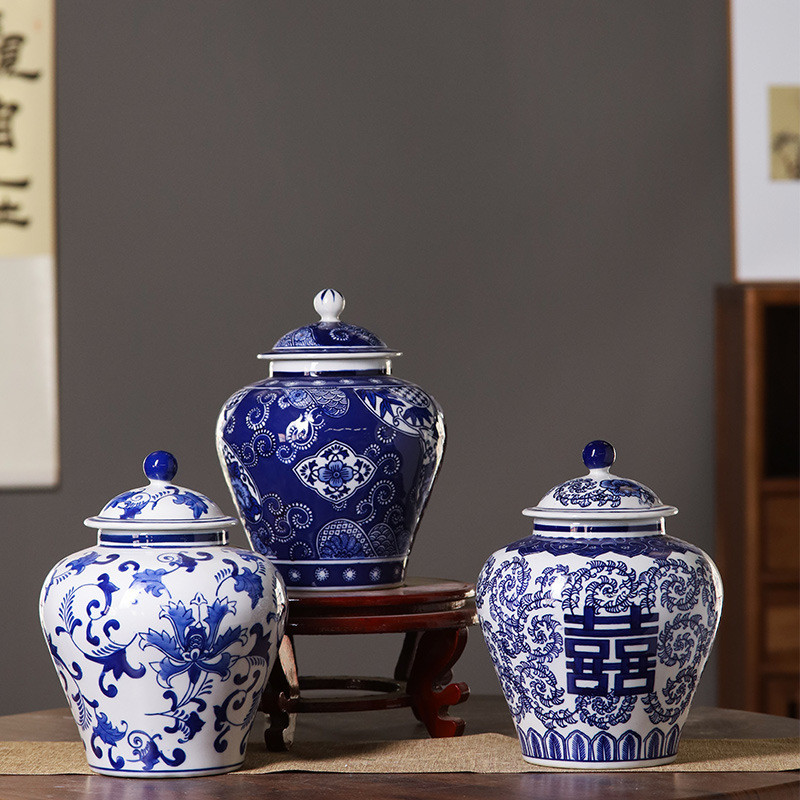 热销花藤喜字青花瓷花瓶将军罐新中式复古插花陶瓷花瓶仿古水培摆