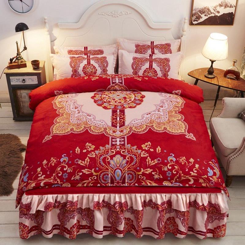 结婚庆四件套亲肤床上用品床单子新婚羊绒四季款床裙被罩套大红色