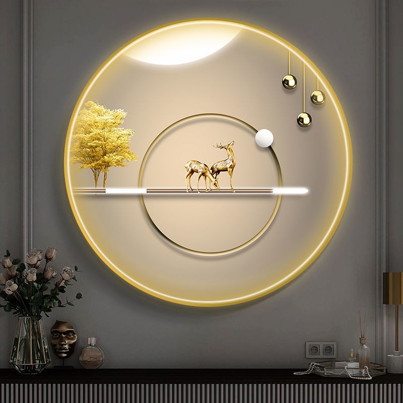 圆形带灯玄关装饰画轻奢麋鹿发光灯画现代简约走廊过道壁灯挂画图片