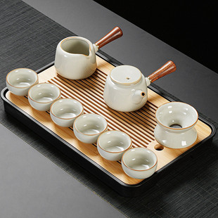 家用轻奢高档商务礼品功夫泡茶杯 米黄汝窑侧把茶壶全套茶具套装