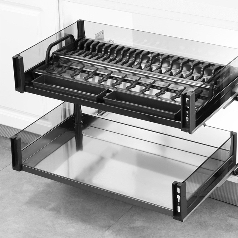 热销厨房橱柜抽屉式拉篮三层碗架201不锈钢碗柜厨柜碗篮收纳碗碟