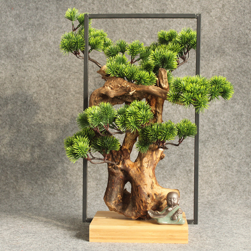 新中式木底座仿真植物款竖办公室根雕工艺品客厅盆景迎客松摆件