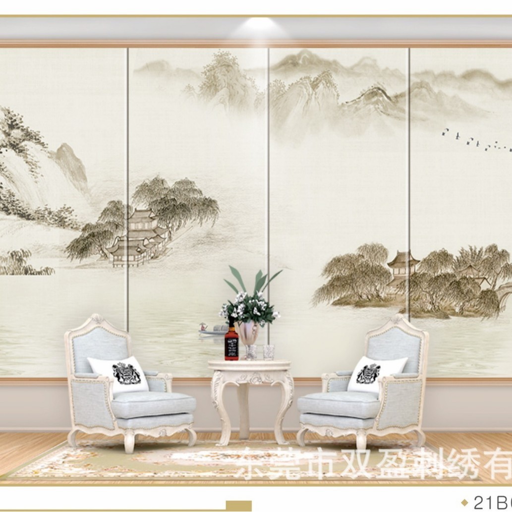电视背景墙刺绣硬包新中式客厅现代北欧卧室软包浮雕花鸟刺绣2021