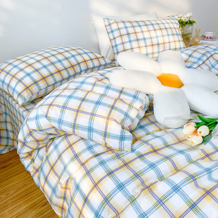 9wor小清新格子学生床上四件套被套床单水洗棉简约被罩床笠三件套