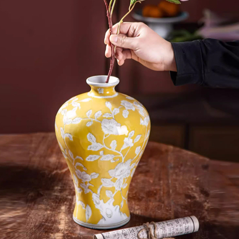 黄色陶瓷花瓶摆件客厅彩瓷水培器皿复古餐桌插花器