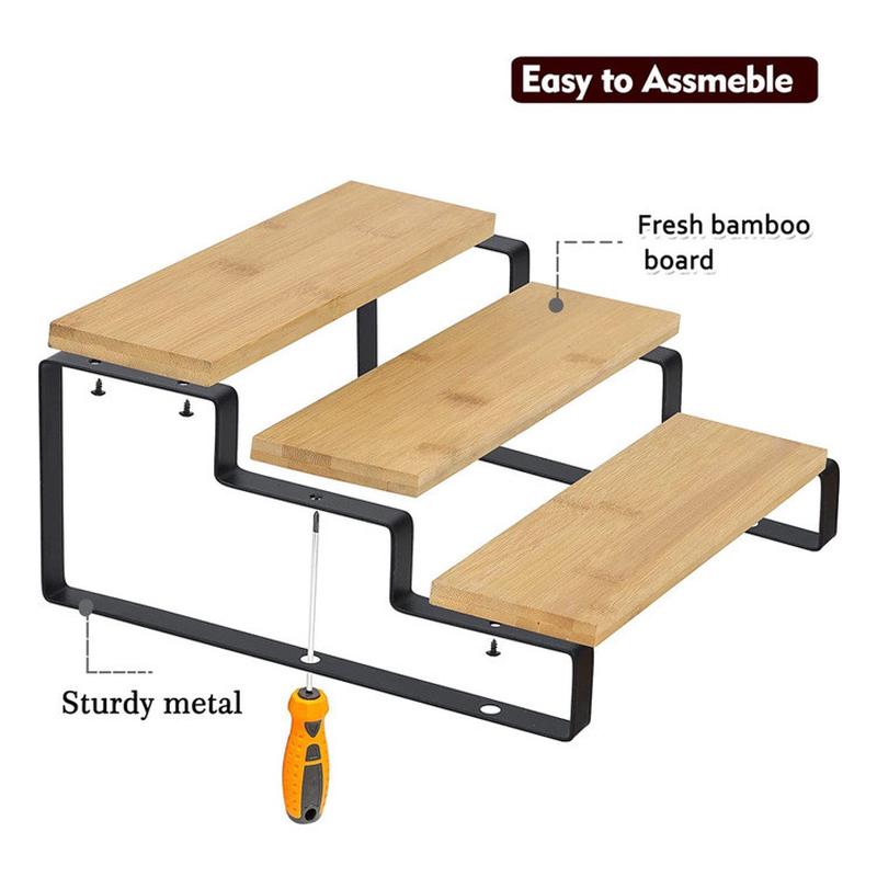 三层竹木香料佐料架可扩展伸缩厨房浴室金属木质展示收纳架阶梯架