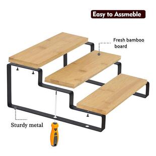 三层竹木香料佐料架可扩展伸缩厨房浴室金属木质展示收纳架阶梯架