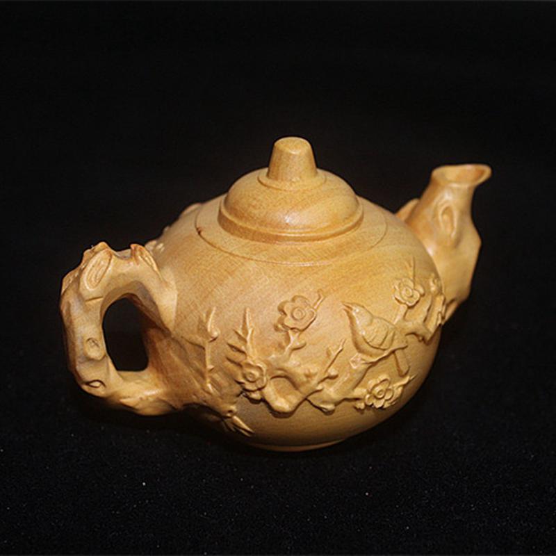 花鸟画木质茶壶摆设 黄杨木雕摆件工艺品家居饰品汽车摆件