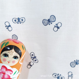 棉麻布料小蝴蝶刺绣面料32S晴纶线绣花布DIY手工包桌布服装 布