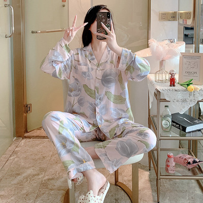 棉绸睡衣女春秋新款长袖开衫印花套装网红大码高级感人棉家居服冬