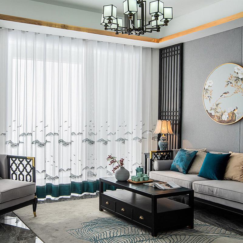 ce2q窗纱新中式山水别墅窗帘墨绿色古典绣花纱帘客厅透光透气落地