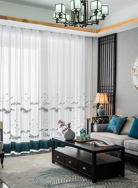 ce2q窗纱透光山水别墅窗帘墨绿色古典绣花纱帘客厅新中式透气落地