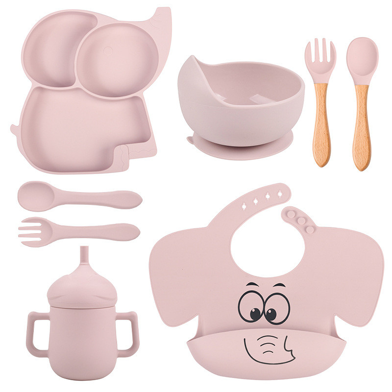 8件套儿童硅胶餐具套装大象硅胶餐盘碗围兜水杯套装叉勺硅胶餐具