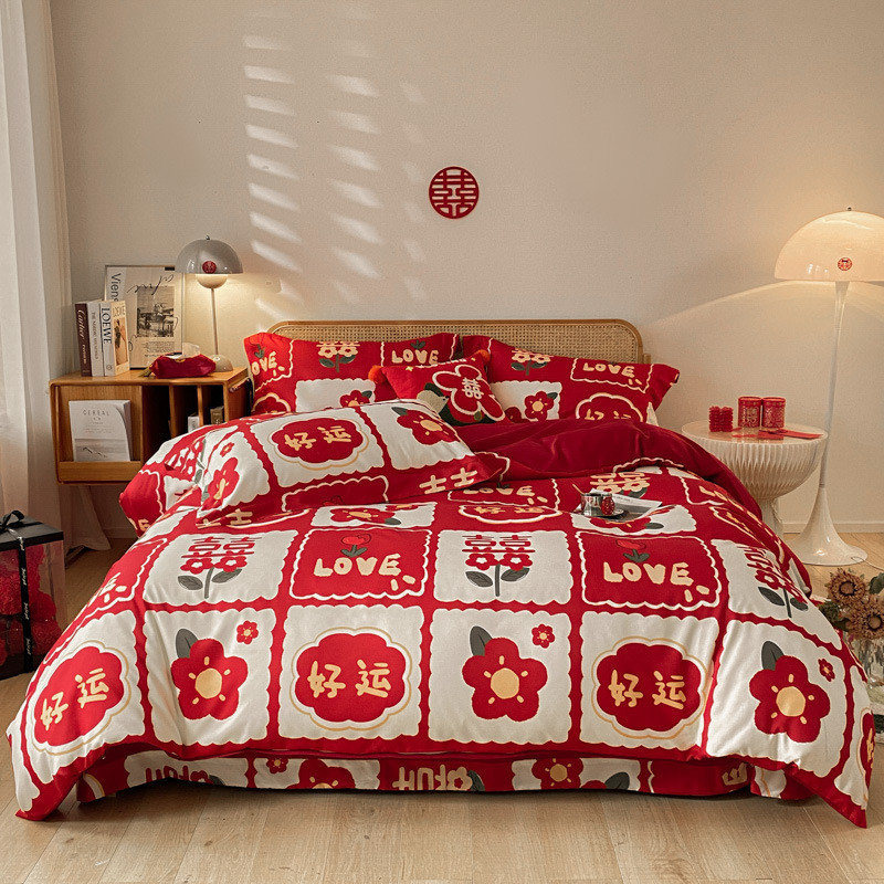 9wor新婚小红花印花婚庆四件套红色被套简约结婚床上用品陪嫁婚房