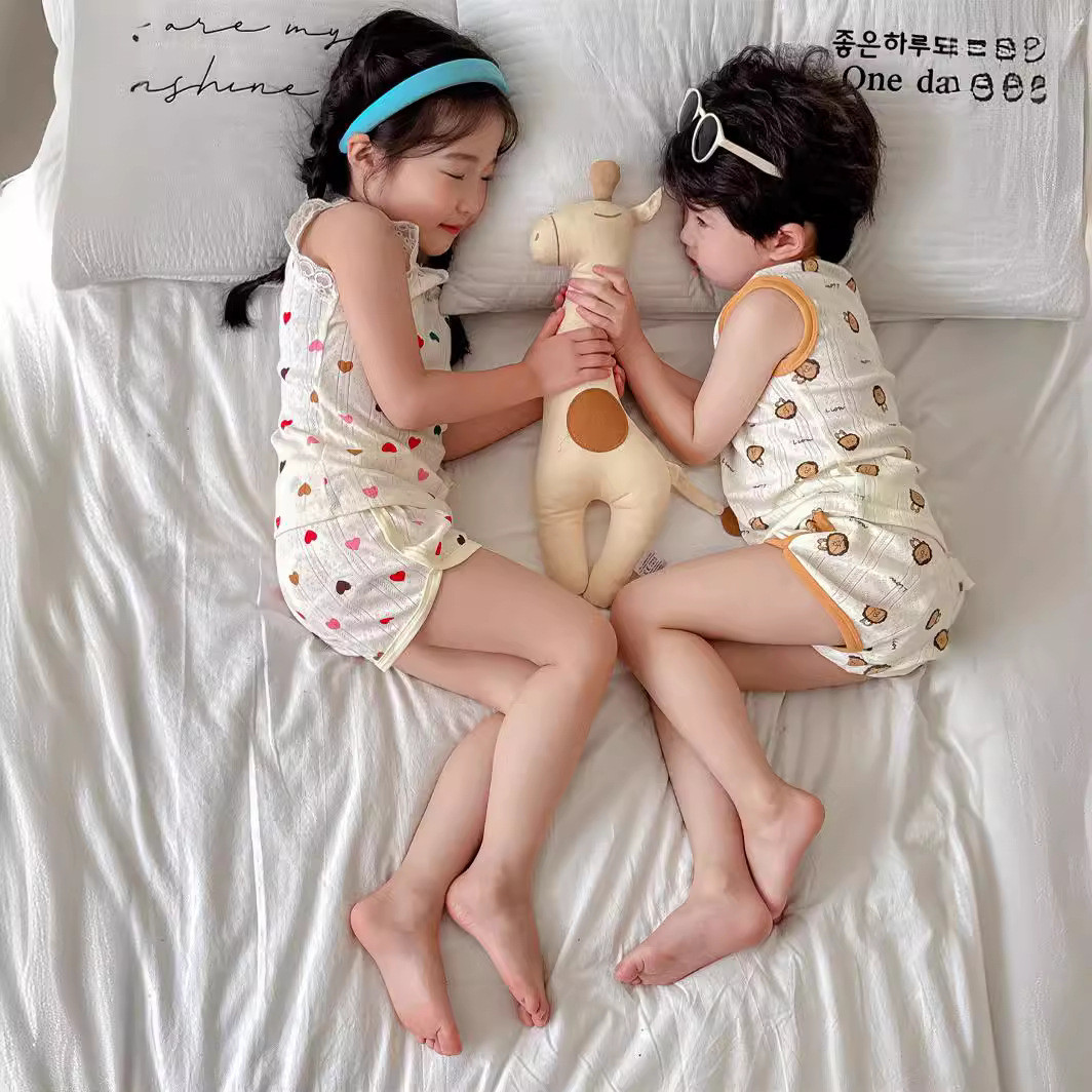 25儿童纯棉家居服网眼提花男女童背心套装韩版中小童无袖睡衣A类