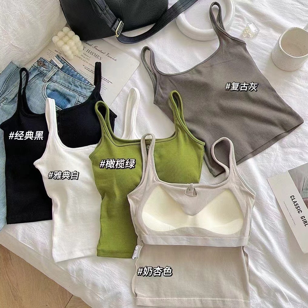 夏季螺纹方领纽扣装饰一体杯背心女可外穿百搭内搭遮副乳抹胸上衣