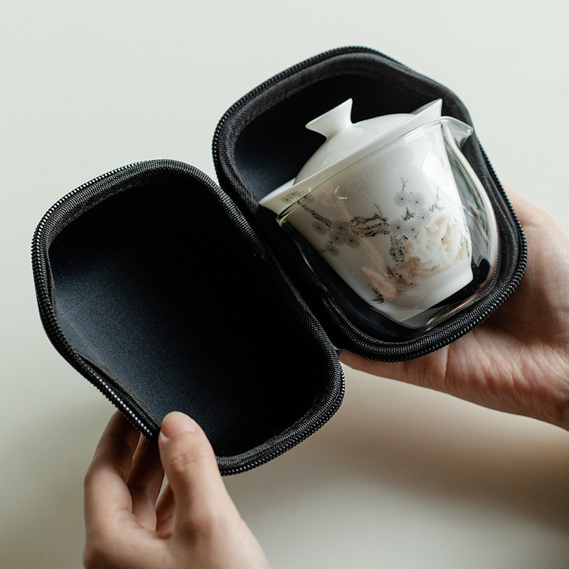 热销户外旅行茶具羊脂玉白瓷一壶盖碗三杯茶具套装便携式快客杯收