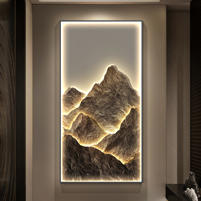 现代轻奢入户玄关装饰画日照金山发光壁灯画靠山走廊过道山水挂画